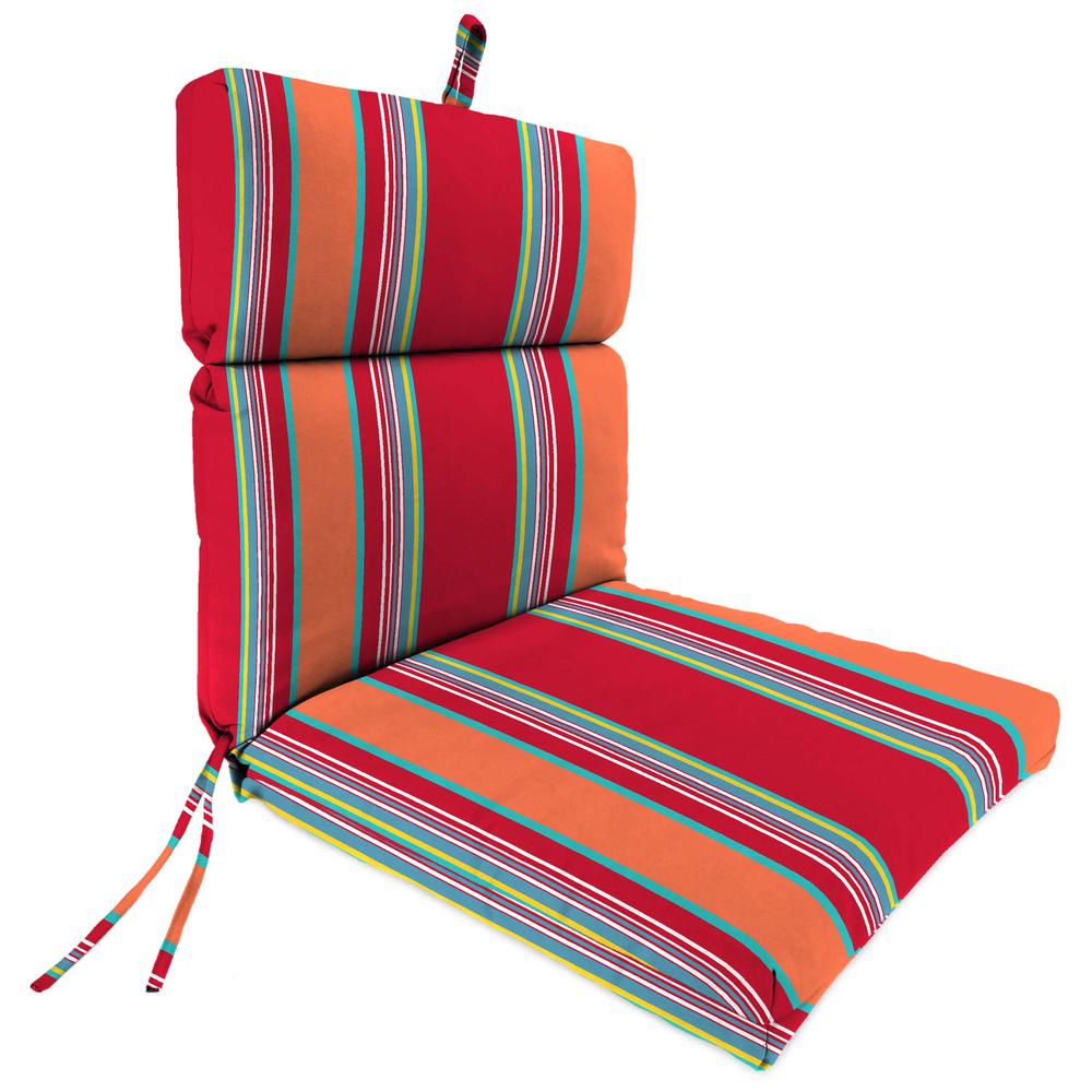 Mulberry Red Stripe Rectangular French Edge Outdoor Chair Cushion with Ties. Picture 1