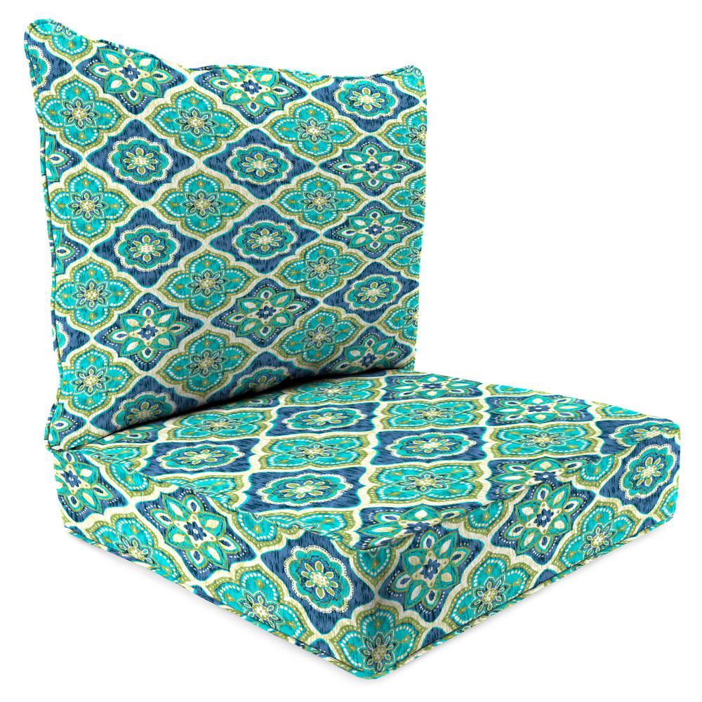 Adonis Capri Teal Geometric Outdoor Chair Seat and Back Cushion Set with Welt. Picture 1