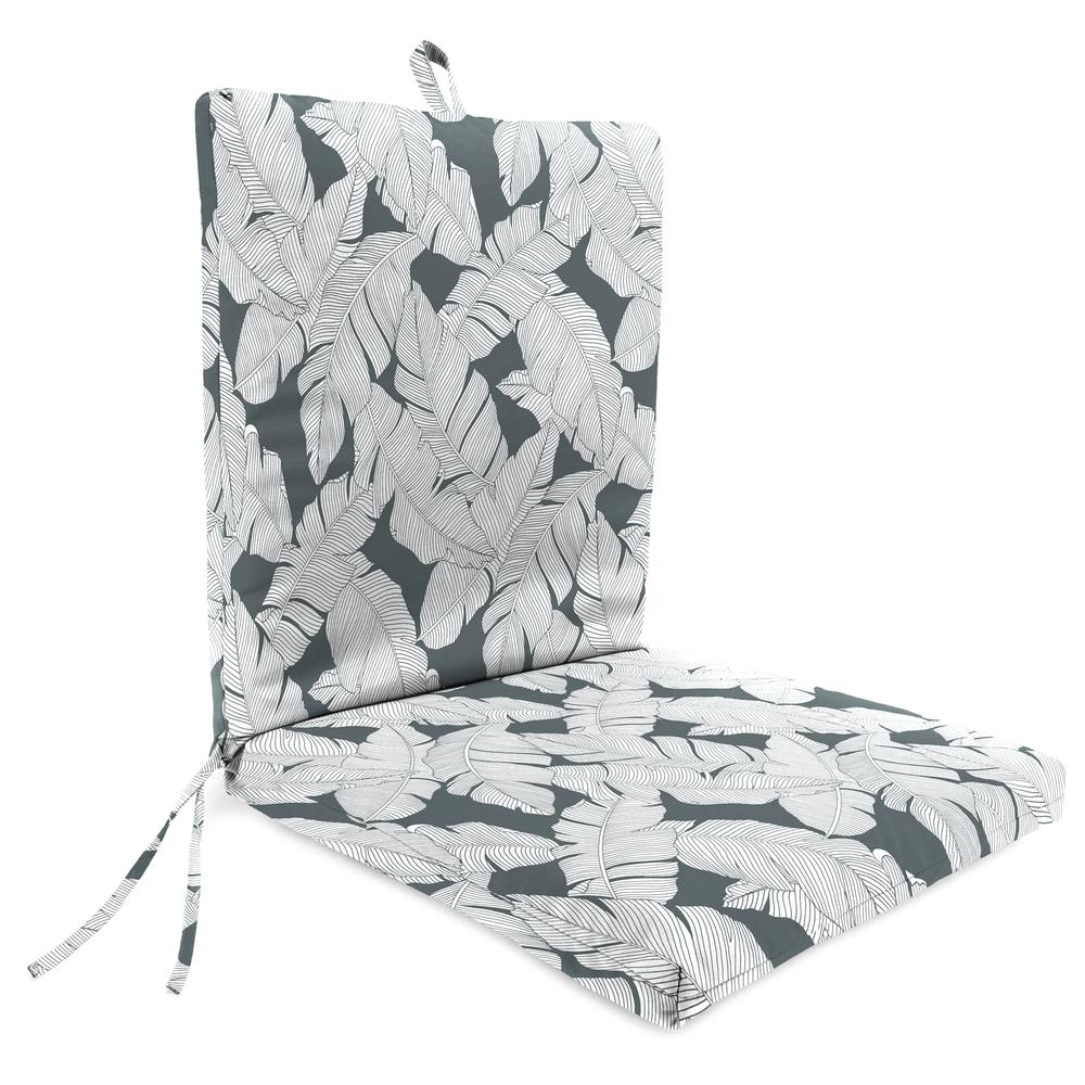 Carano Stone Grey Leaves Rectangular French Edge Outdoor Chair Cushion with Ties. Picture 1