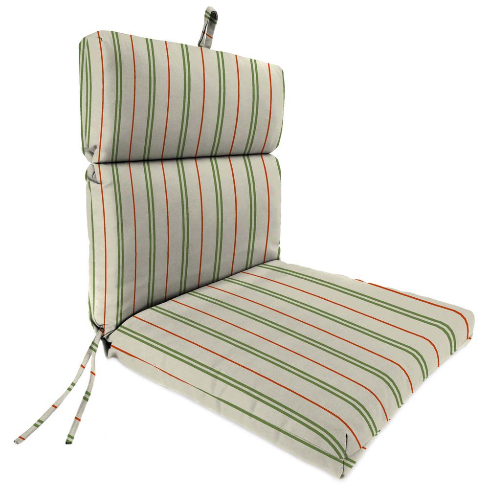 Gallan Cedar Grey Stripe Rectangular French Edge Outdoor Chair Cushion with Ties. Picture 1