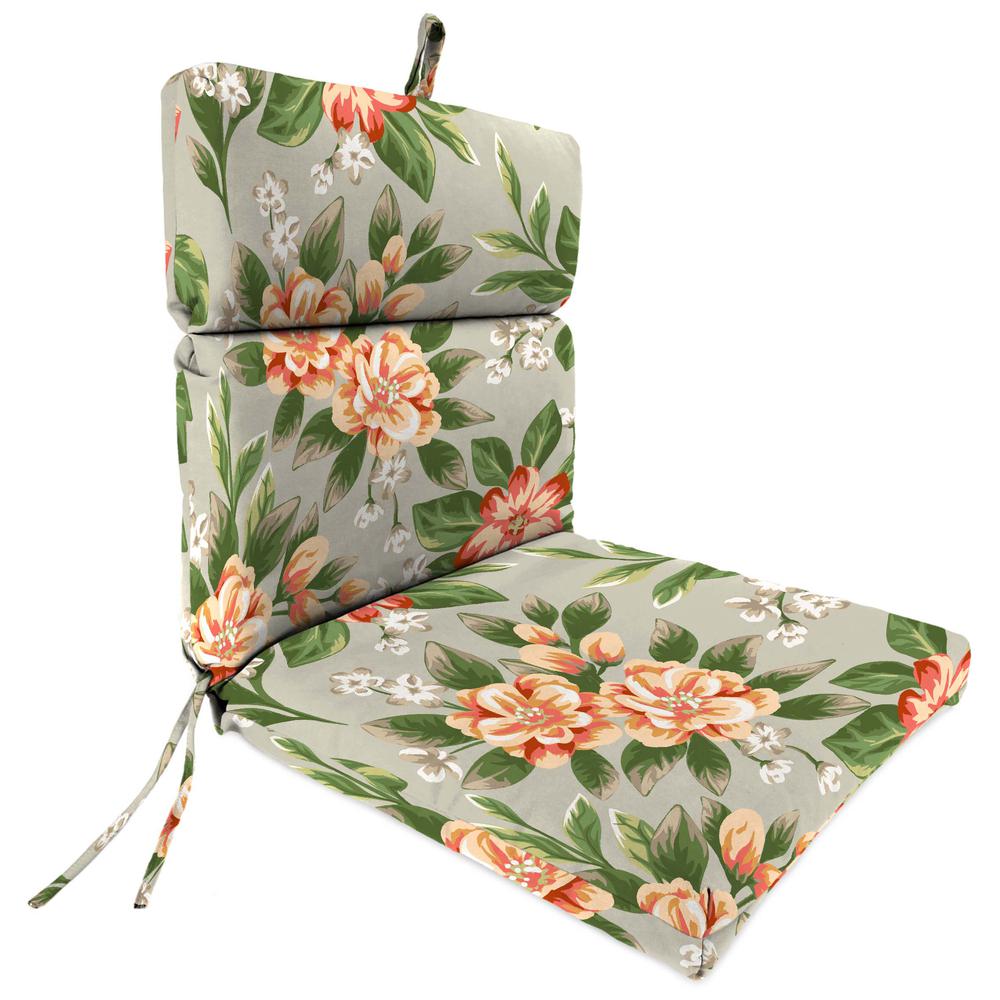 Tori Cedar Grey Floral Rectangular French Edge Outdoor Chair Cushion with Ties. Picture 1