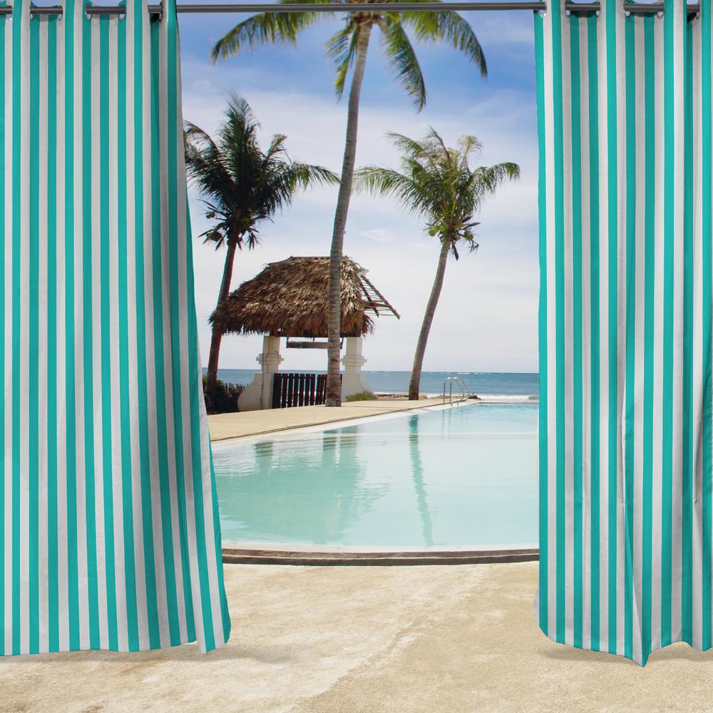 Ocean Aqua Stripe Grommet Semi-Sheer Outdoor Curtain Panel (2-Pack). Picture 3