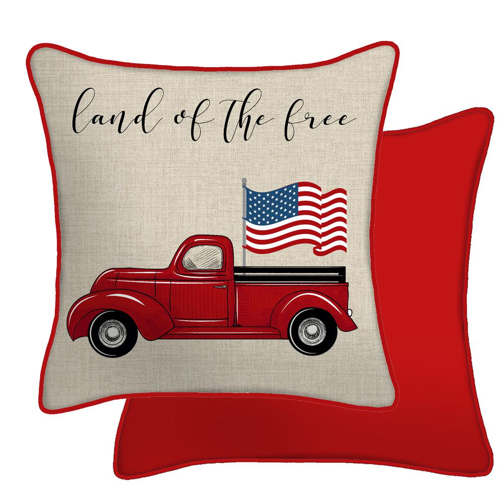 Beige Land of the Free Truck and Red Solid Reversible Outdoor Throw Pillow. Picture 1