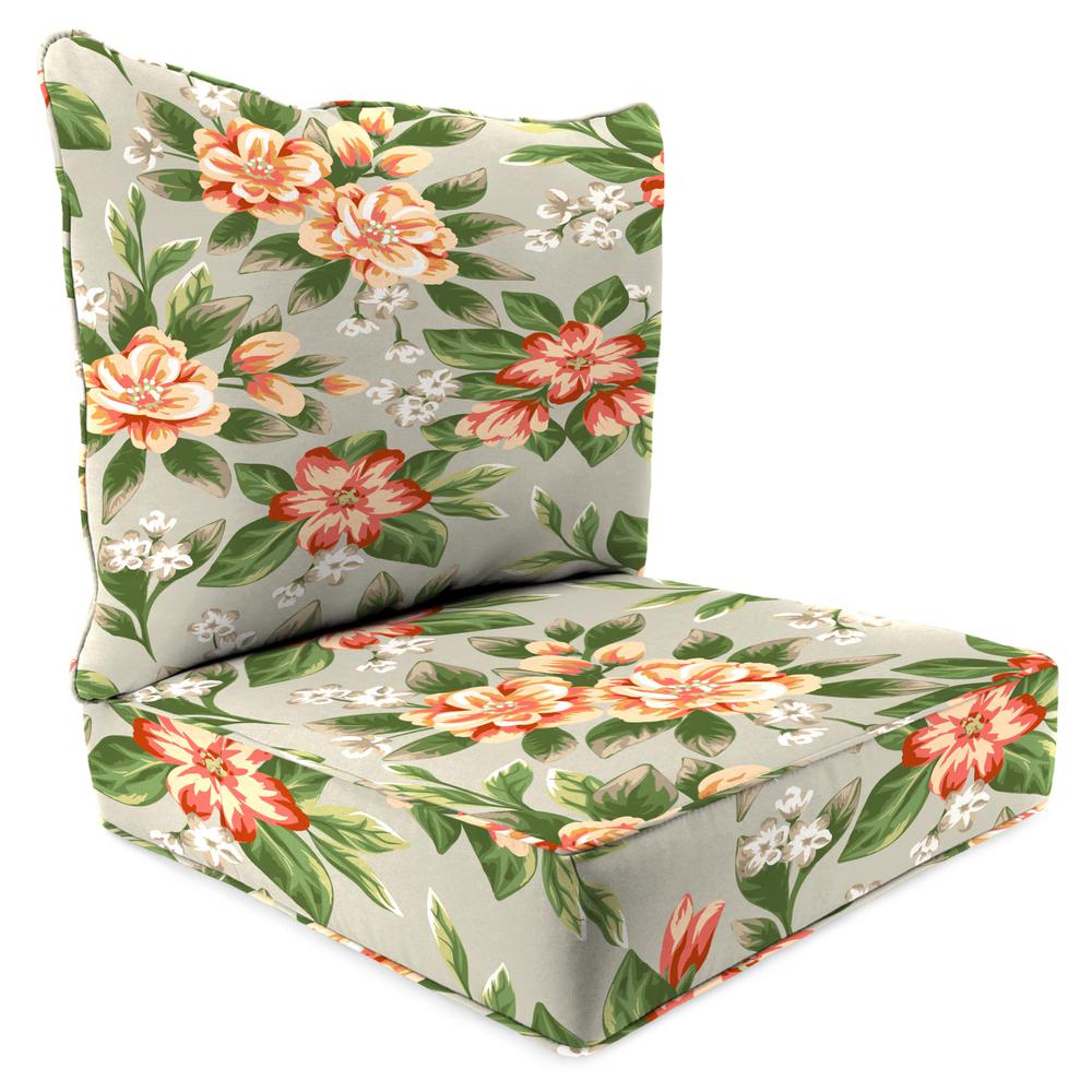 Tori Cedar Grey Floral Outdoor Chair Seat and Back Cushion Set with Welt. Picture 1