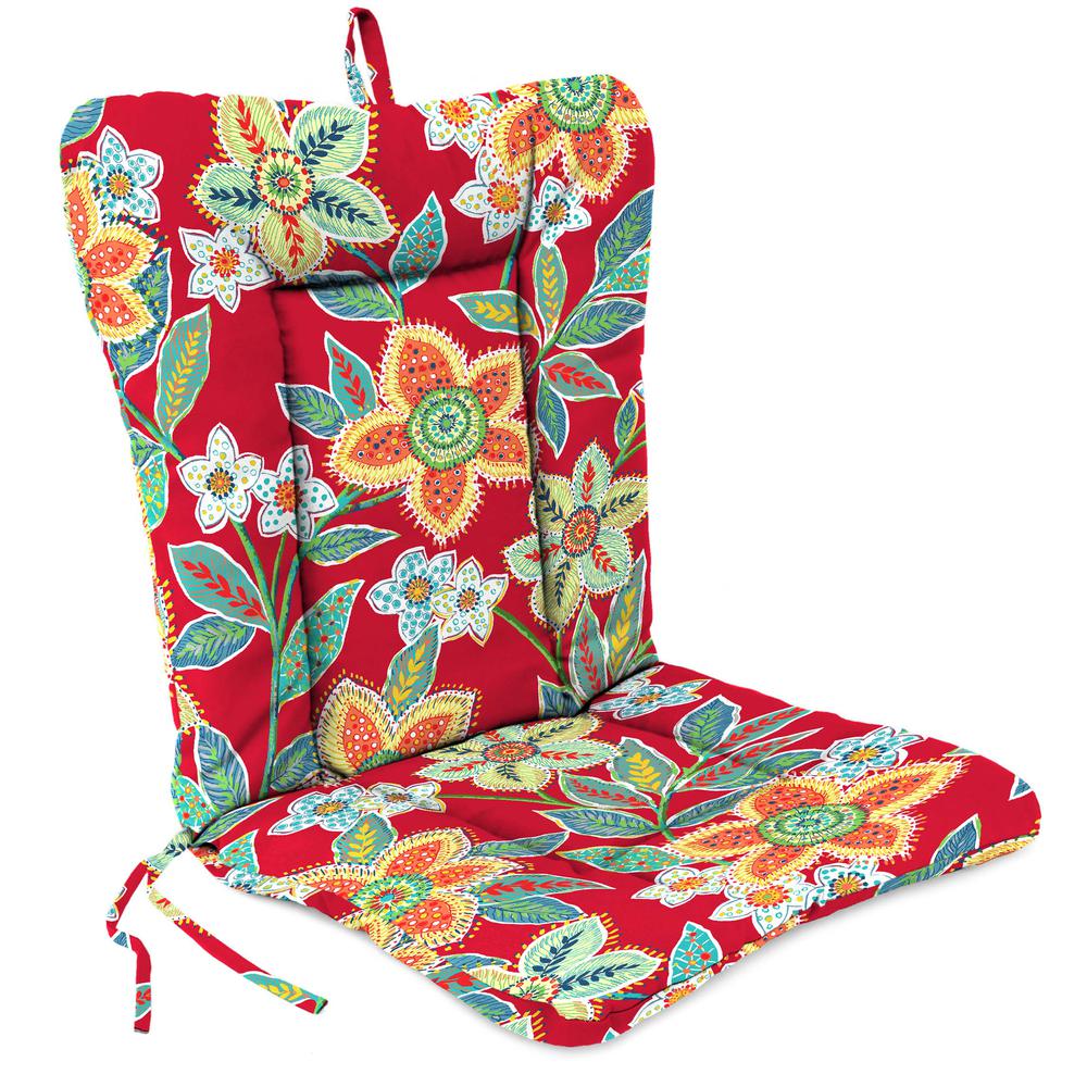 Leathra Red Floral Outdoor Chair Cushion with Ties and Hanger Loop. Picture 1