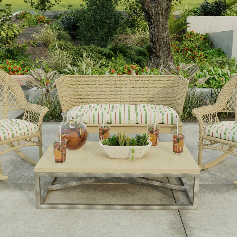 Gallan Cedar Grey Stripe Tufted Outdoor Settee Bench Cushion. Picture 3