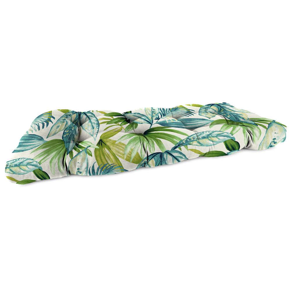 Seneca Caribbean Blue Leaves Tufted Outdoor Settee Bench Cushion. Picture 1