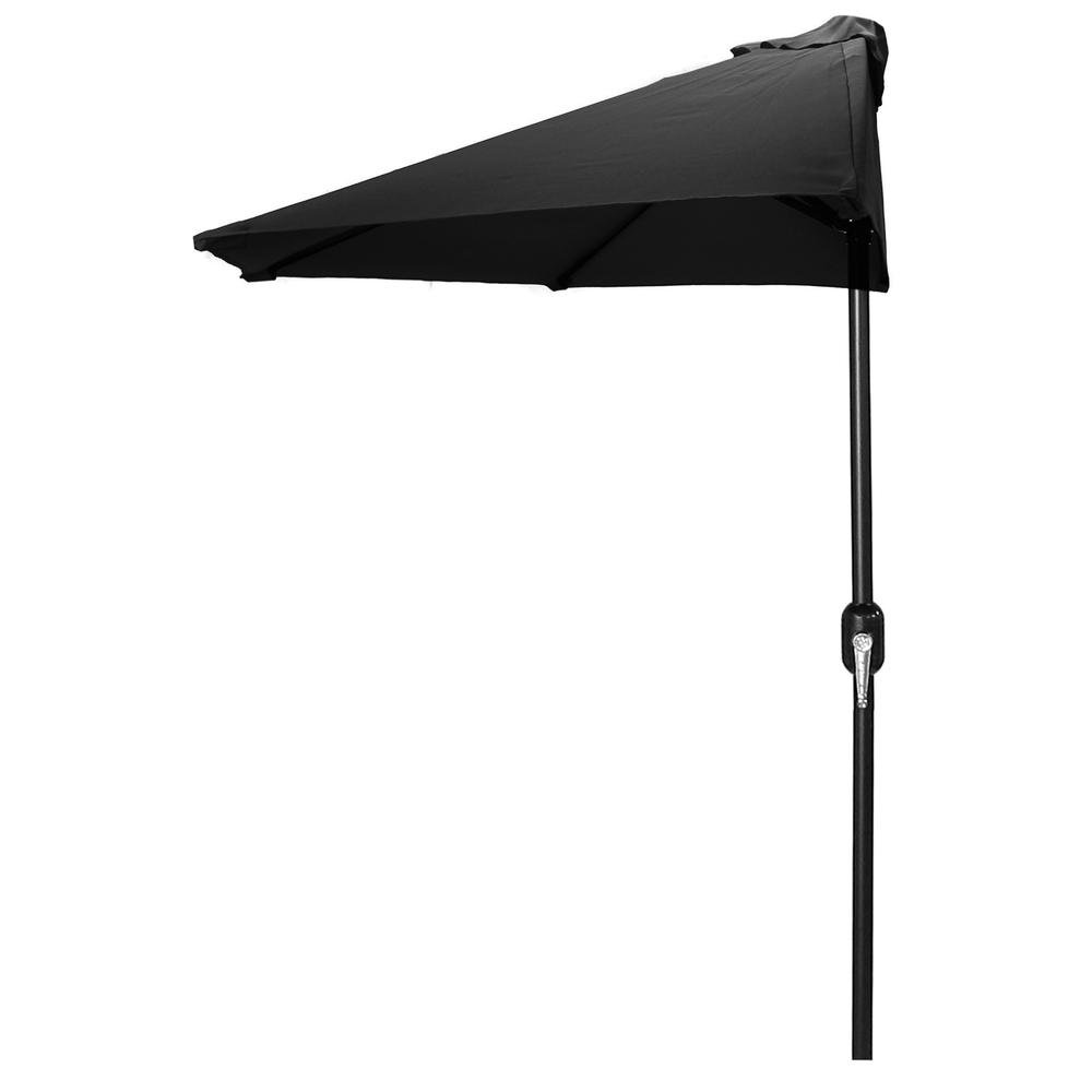 9' Half Round Black Solid Folding Outdoor Patio Umbrella with Crank Opening. Picture 1