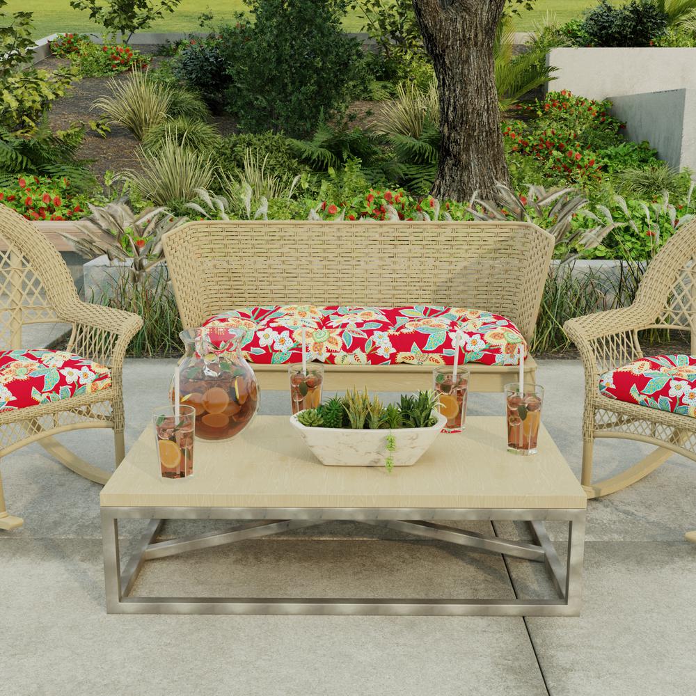 Leathra Red Floral Tufted Outdoor Settee Bench Cushion with Rounded Back Corners. Picture 3