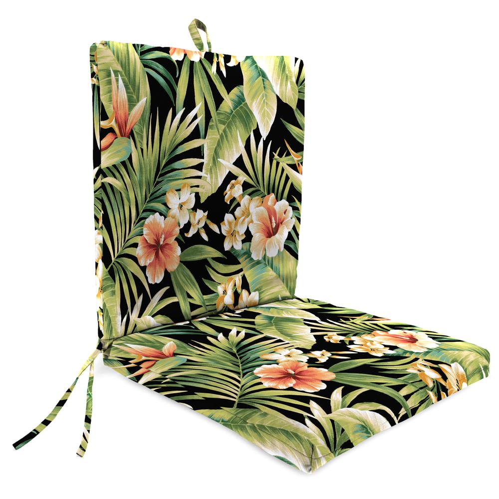 Cypress Midnight Black Leaves French Edge Outdoor Chair Cushion with Ties. Picture 1