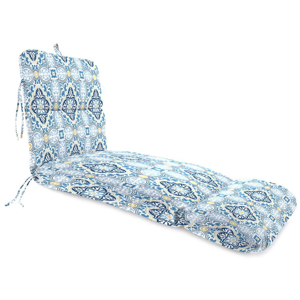 Rave Sky Blue Quatrefoil Outdoor Chaise Lounge Cushion with Ties and Hanger Loop. Picture 1