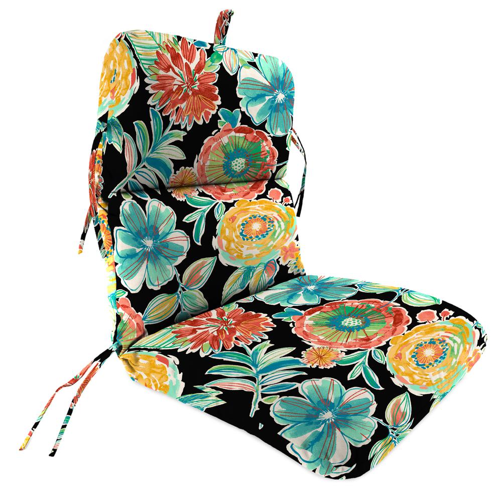 Colsen Noir Black Floral Outdoor Chair Cushion with Ties and Hanger Loop. Picture 1