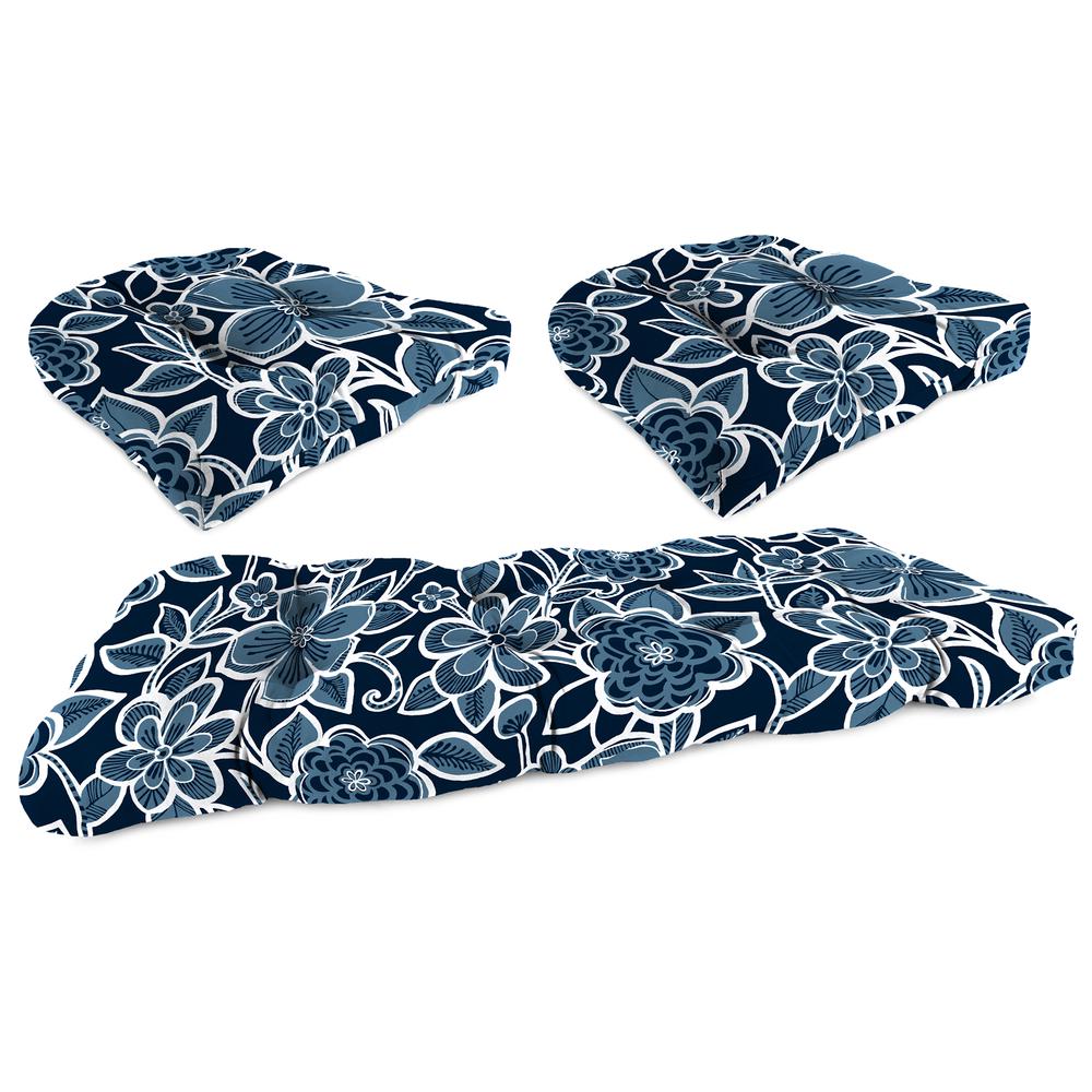 3-Piece Halsey Navy Floral Tufted Outdoor Cushion Set. Picture 1