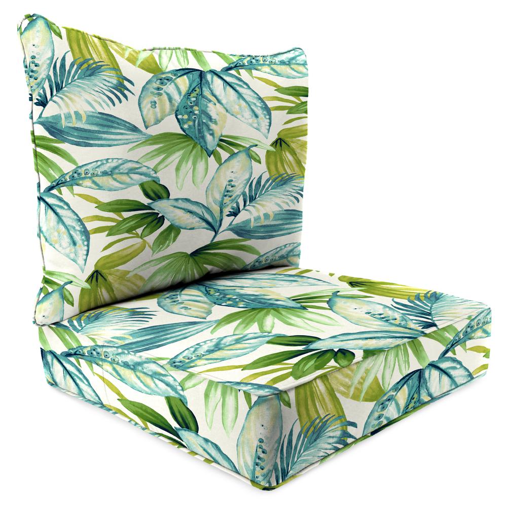 Seneca Caribbean Blue Leaves Outdoor Chair Seat and Back Cushion Set with Welt. Picture 1