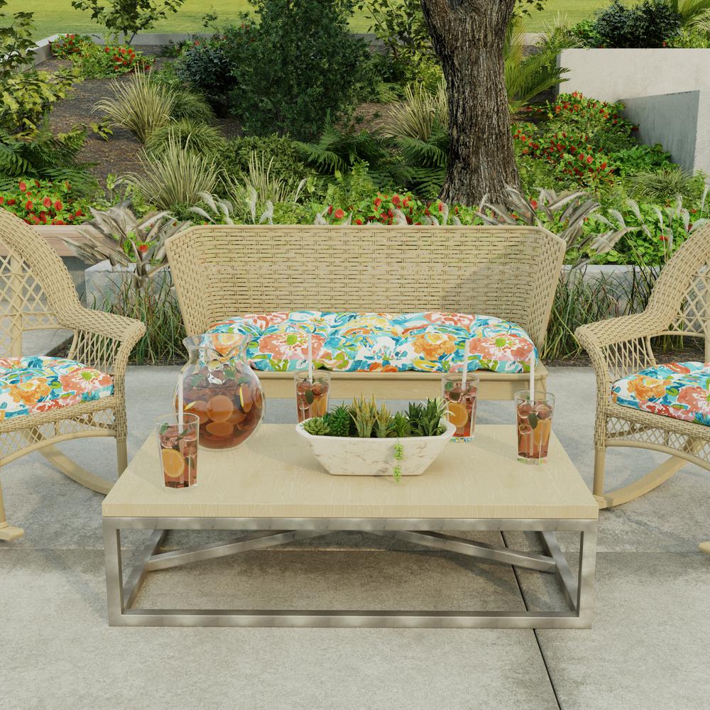Sun River Sky Multi Floral Tufted Outdoor Settee Bench Cushion. Picture 3