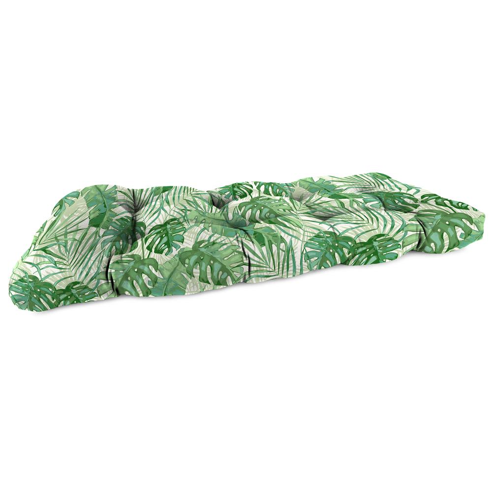 Bryann Tortoise Green Tropical Tufted Outdoor Settee Bench Cushion. Picture 1