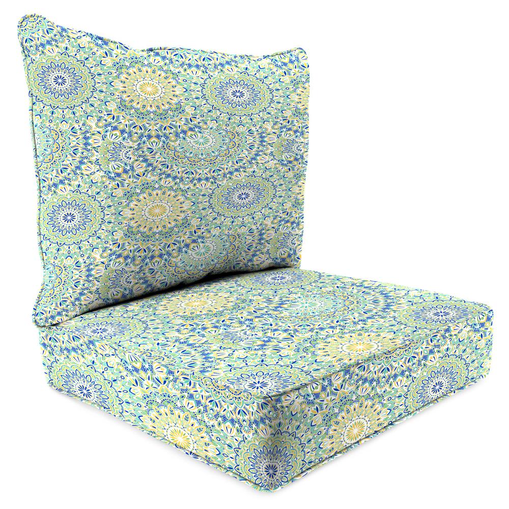 Alonzo Fresco Green Geometric Outdoor Chair Seat and Back Cushion Set with Welt. Picture 1
