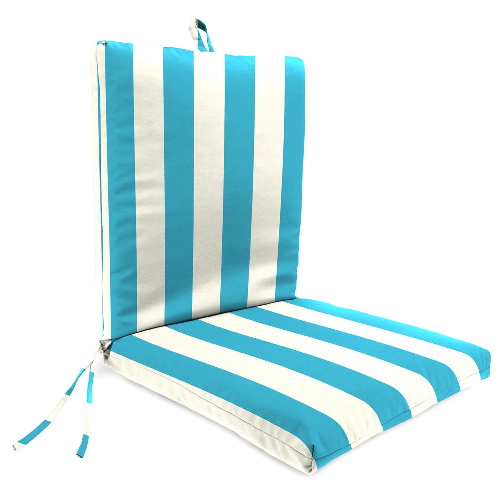 Cabana Turquoise Stripe Rectangular French Edge Outdoor Chair Cushion with Ties. Picture 1
