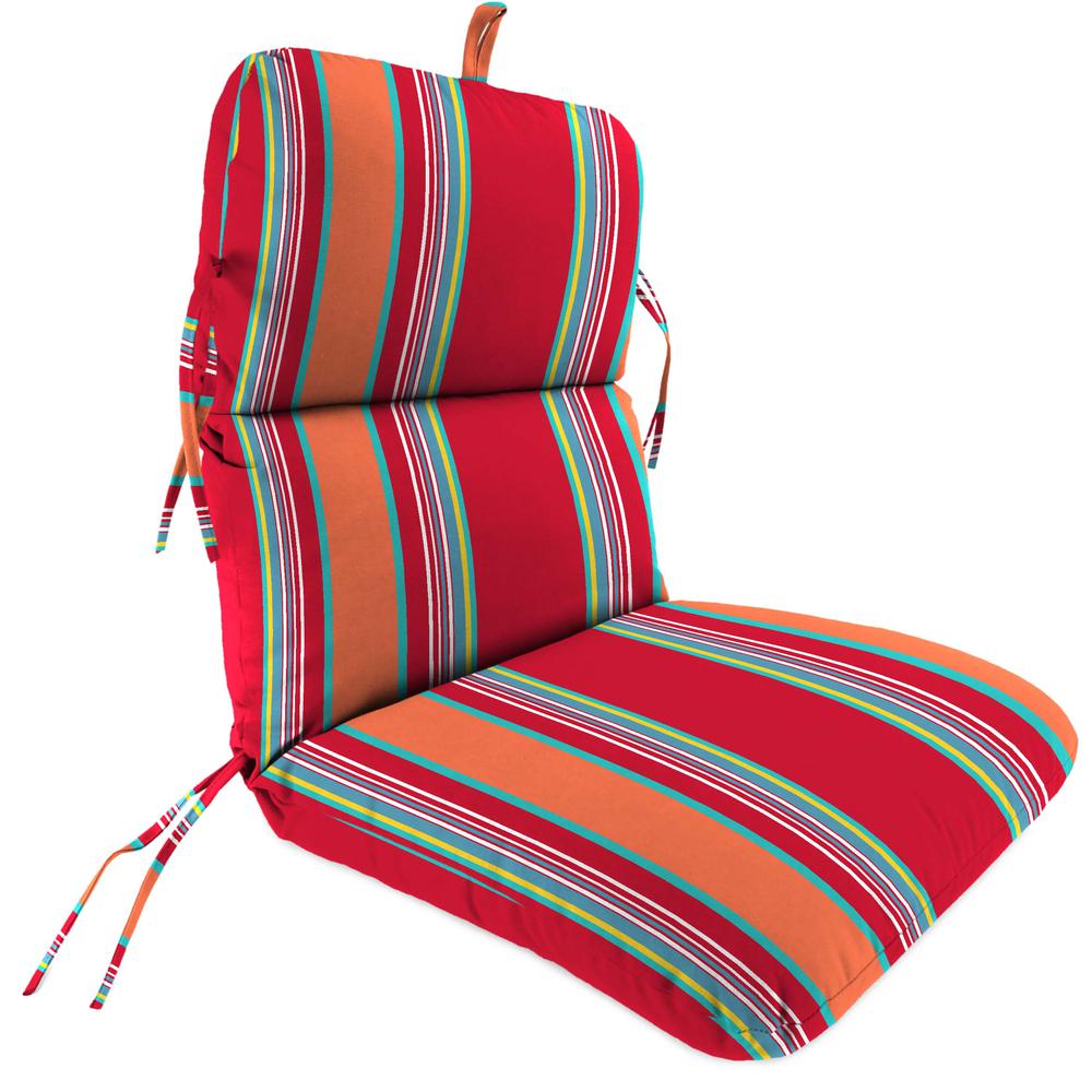 Mulberry Red Stripe Outdoor Chair Cushion with Ties and Hanger Loop. Picture 1