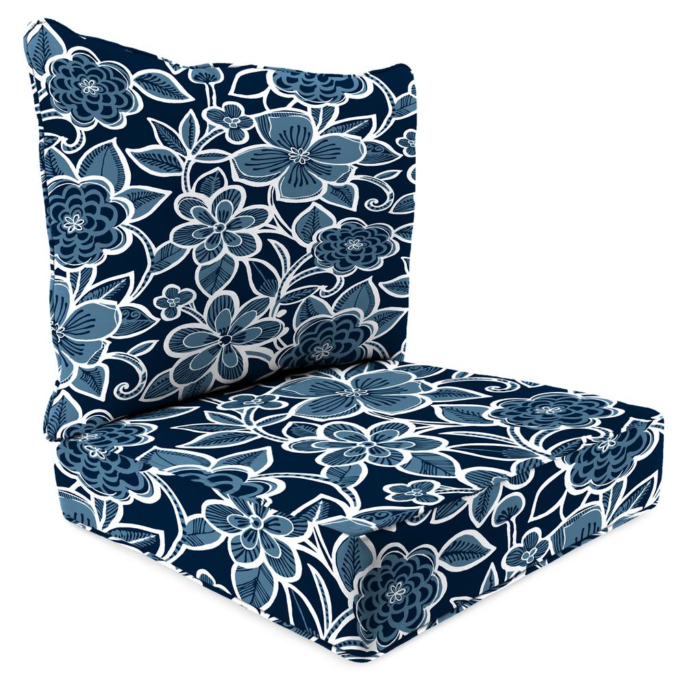 Halsey Navy Floral Boxed Edge Outdoor Chair Seat and Back Cushion Set with Welt. Picture 1
