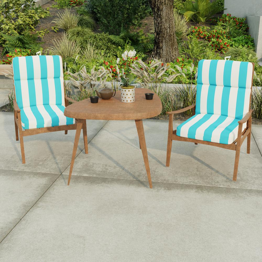 Cabana Turquoise Stripe Rectangular French Edge Outdoor Chair Cushion with Ties. Picture 3