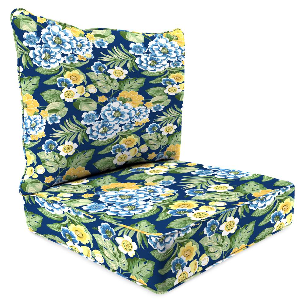 Binessa Lapis Blue Floral Outdoor Chair Seat and Back Cushion Set with Welt. Picture 1