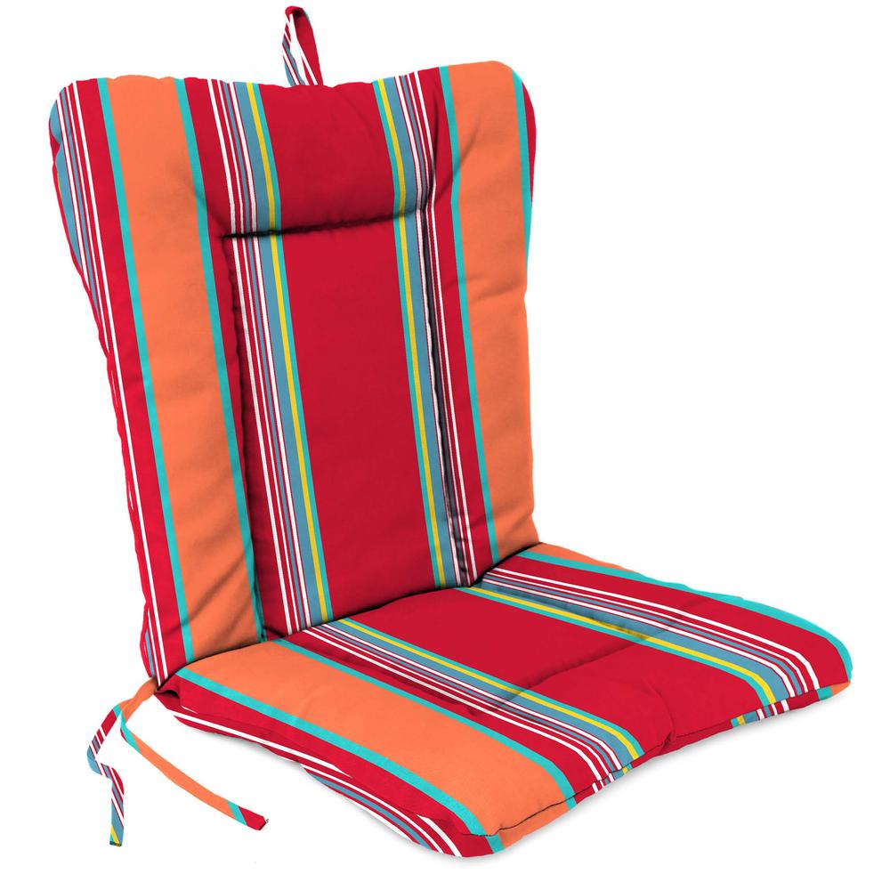 Mulberry Red Stripe Outdoor Chair Cushion with Ties and Hanger Loop. Picture 1