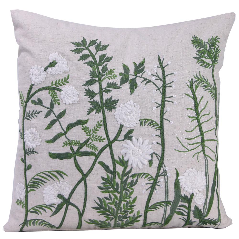 Cream, Green and White Floral Decorative Throw Pillow with Embroidery Accent. Picture 1