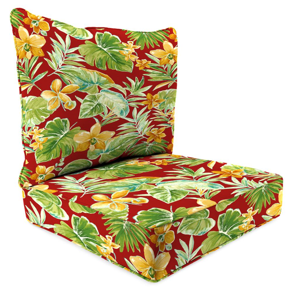 Beachcrest Poppy Red Floral Outdoor Chair Seat and Back Cushion Set with Welt. Picture 1