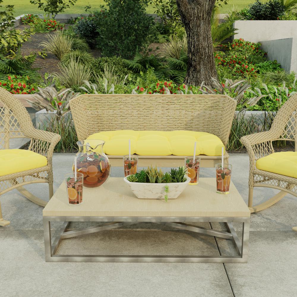 Sunray Yellow Solid Tufted Outdoor Settee Bench Cushion. Picture 3