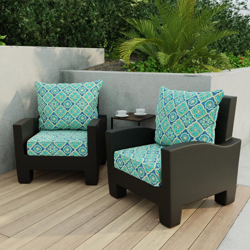 Adonis Capri Teal Geometric Outdoor Chair Seat and Back Cushion Set with Welt. Picture 3