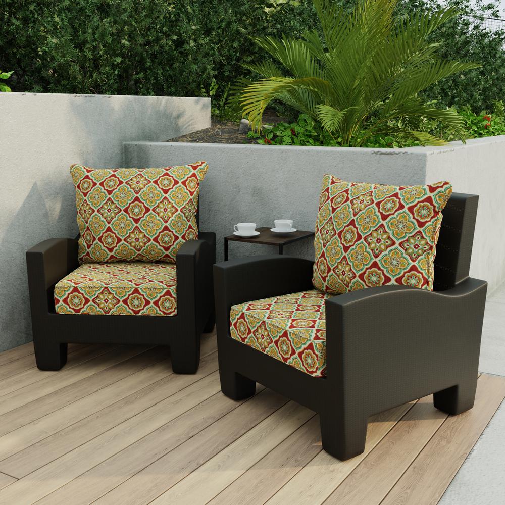 Adonis Jewel Red Geometric Outdoor Chair Seat and Back Cushion Set with Welt. Picture 3