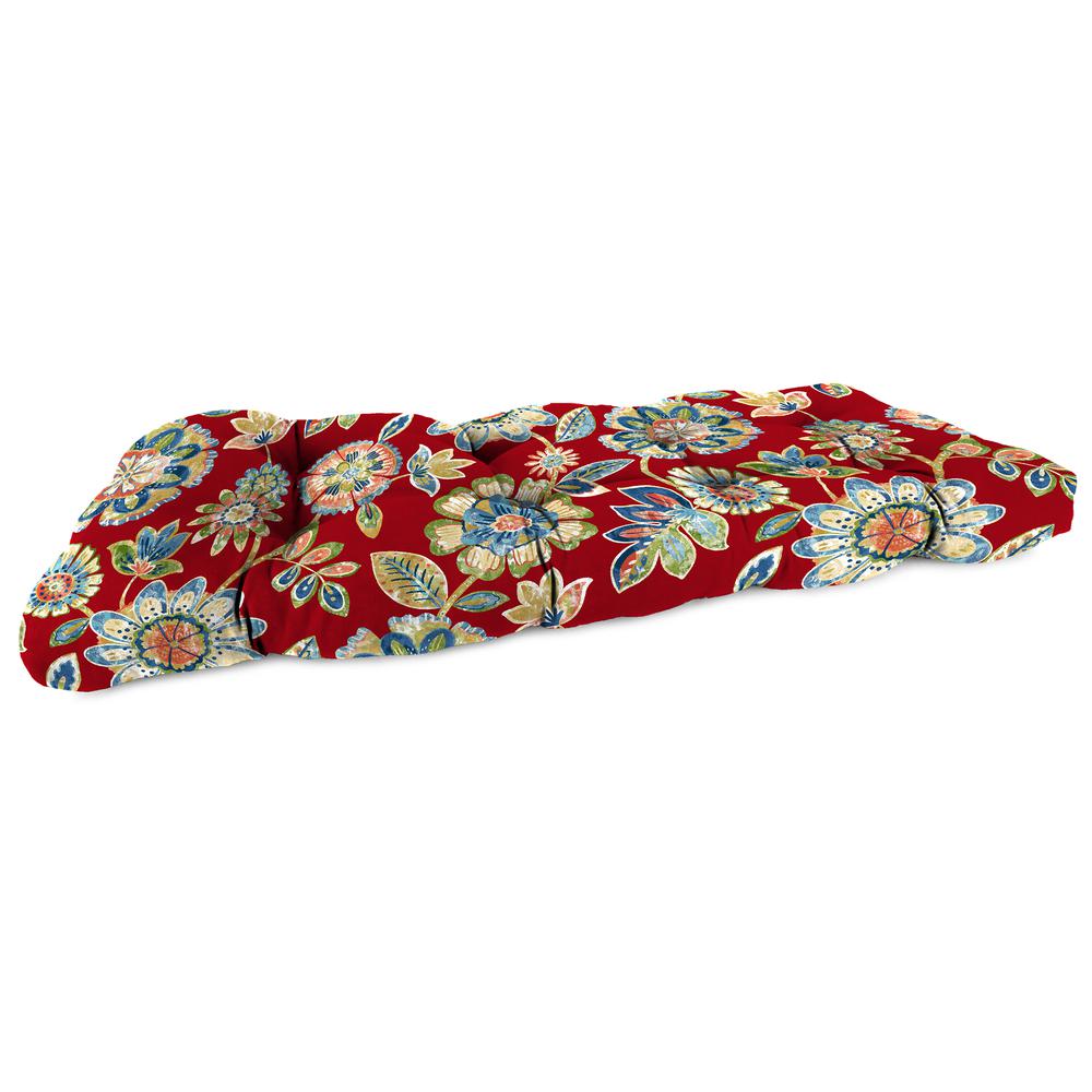 Daelyn Cherry Red Floral Tufted Outdoor Settee Bench Cushion. Picture 1