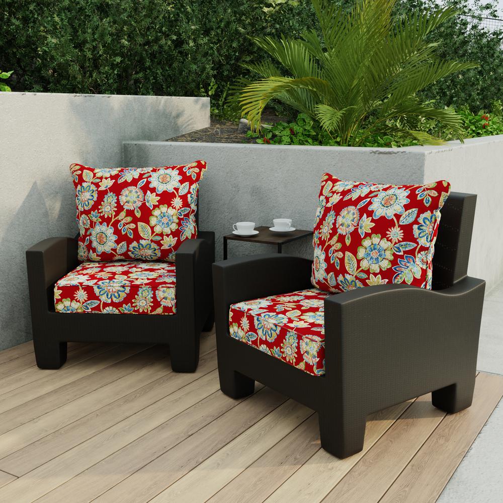 Daelyn Cherry Red Floral Outdoor Chair Seat and Back Cushion Set with Welt. Picture 3