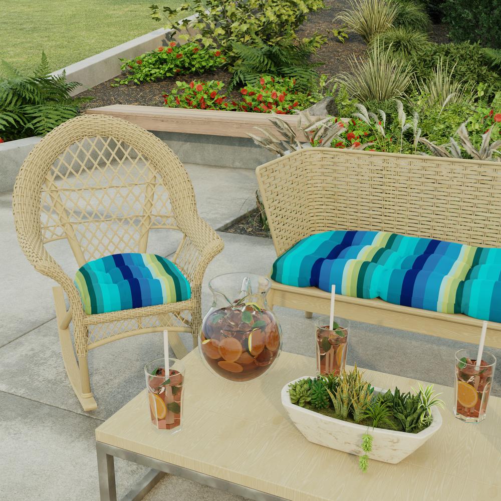 Islip Teal Stripe Tufted Outdoor Seat Cushion with Rounded Back Corners (2-Pack). Picture 3