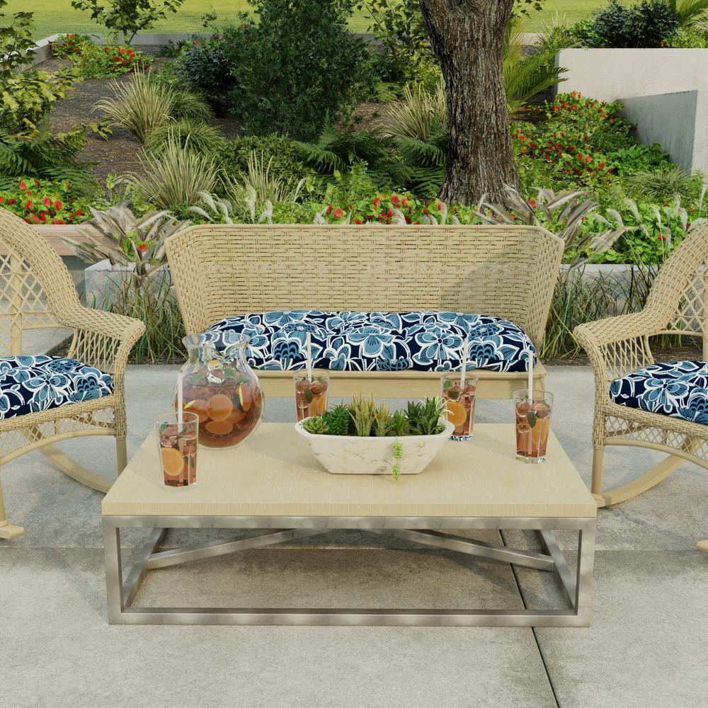 Halsey Navy Floral Tufted Outdoor Settee Bench Cushion with Rounded Back Corners. Picture 3