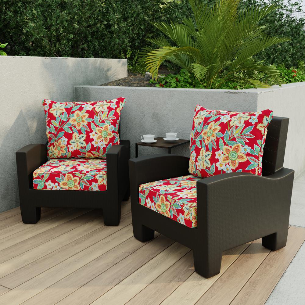 Leathra Red Floral Boxed Edge Outdoor Chair Seat and Back Cushion Set with Welt. Picture 3