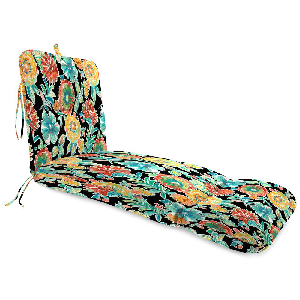 Colsen Noir Black Floral Outdoor Chaise Lounge Cushion with Ties and Hanger Loop. Picture 1