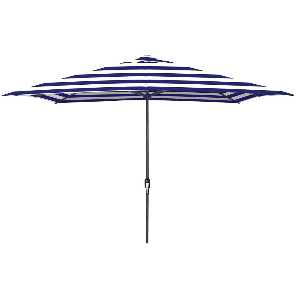 Navy Blue & White Stripe Folding Outdoor Patio Umbrella with Crank Opening. Picture 1