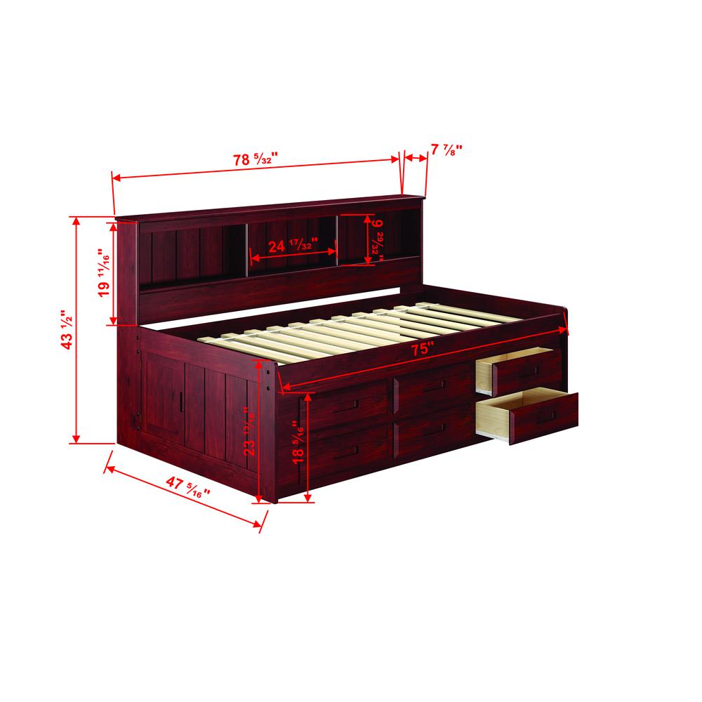 Twin Daybed Bookcase Captains Bed With 6 Drawer Under Bed Storage In Merlot Finish. Picture 2