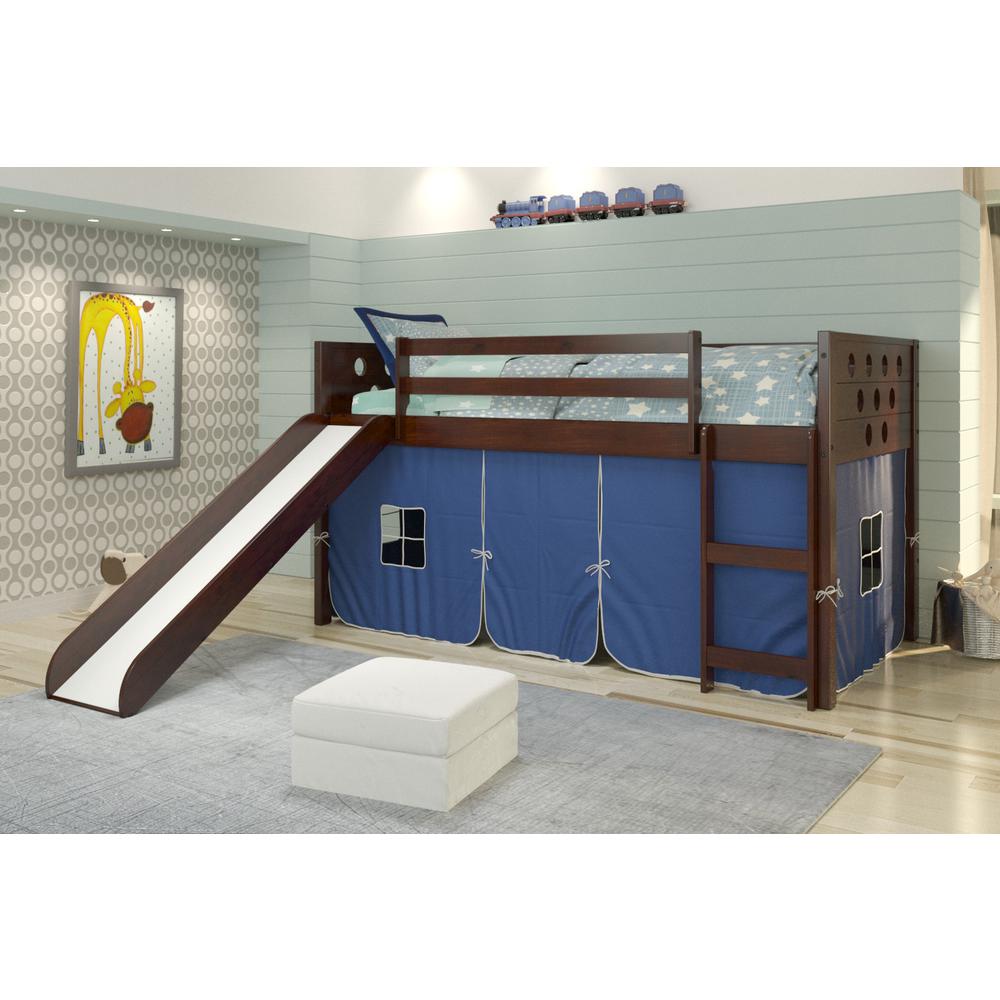 Twin Circles Low Loft W/Slide & Blue Tent Kit In Dark Cappuccino Finish. Picture 1