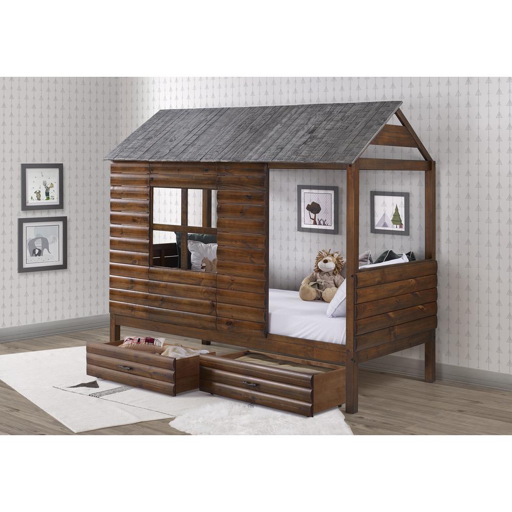 Twin Log Cabin Low Loft In Rustic Walnut/Rustic Silver Finish W/Dual Underbed Drawers. Picture 1