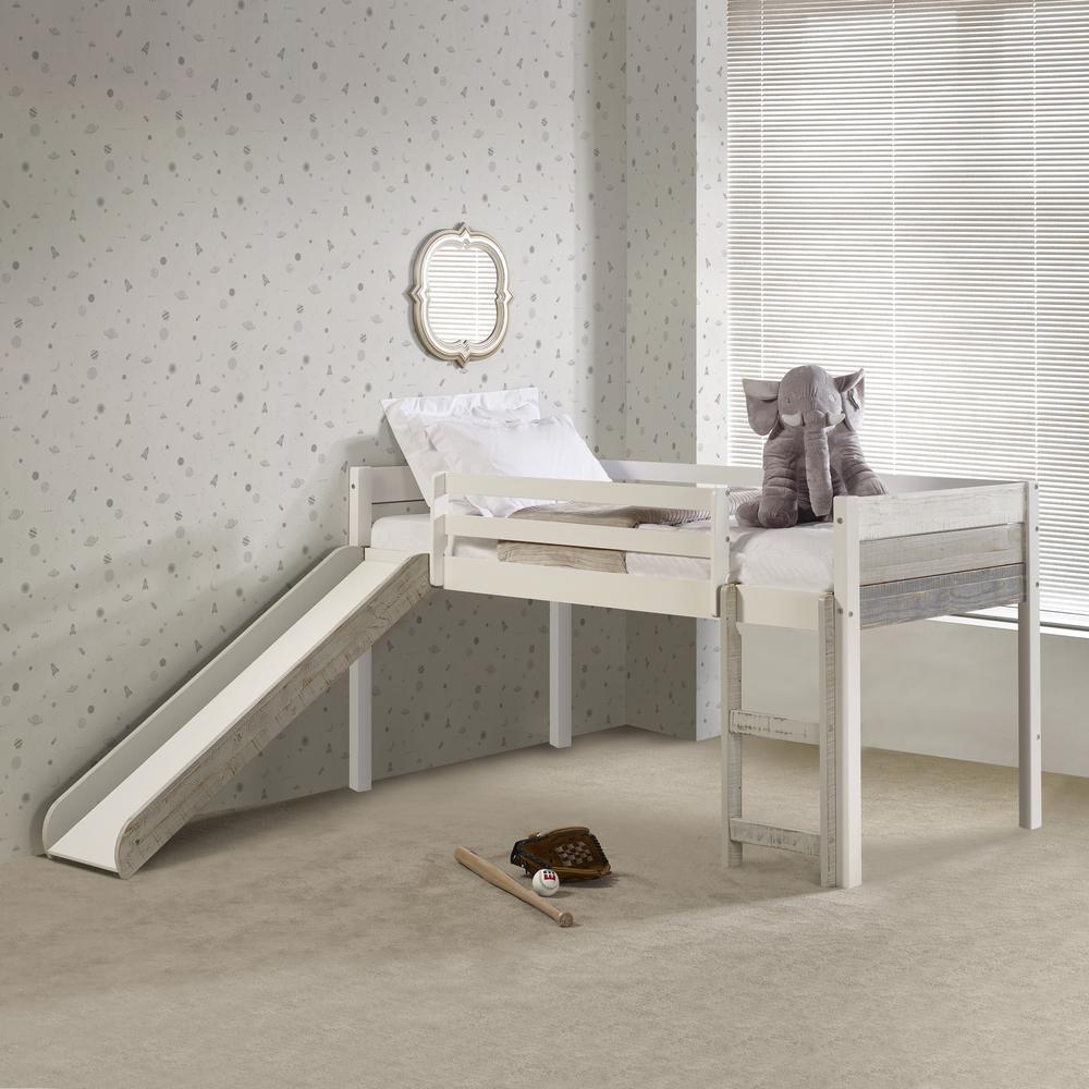 Low Loft Bed/Slide/Slats Grey White. Picture 1