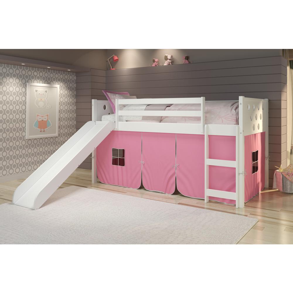 Twin Circles Low Loft W/Slide & Pink Tent Kit In White Finish. Picture 1