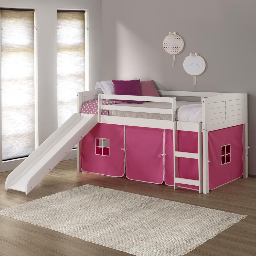 TWIN LOUVER LOW LOFT WHITE W/PINK TENT & SLIDE. Picture 1