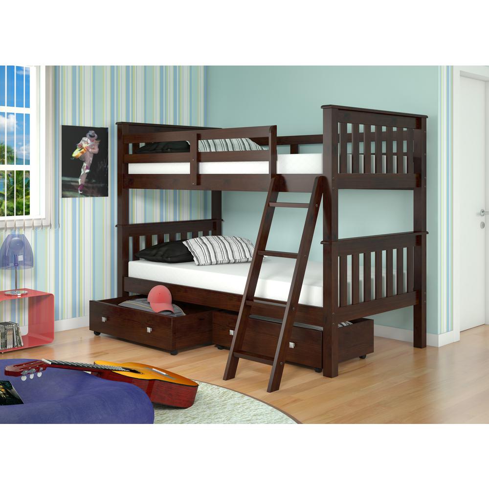 Mission Bunkbed Cappuccino With Slat Kit And Dual Under Bed Drawers. Picture 1