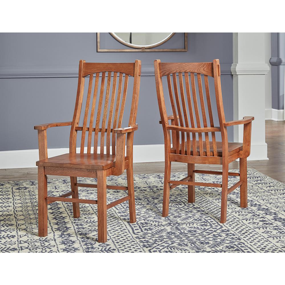 Laurelhurst Slatback Arm Chair, Contoured Solid Wood Seat, Mission Oak Finish. Picture 1