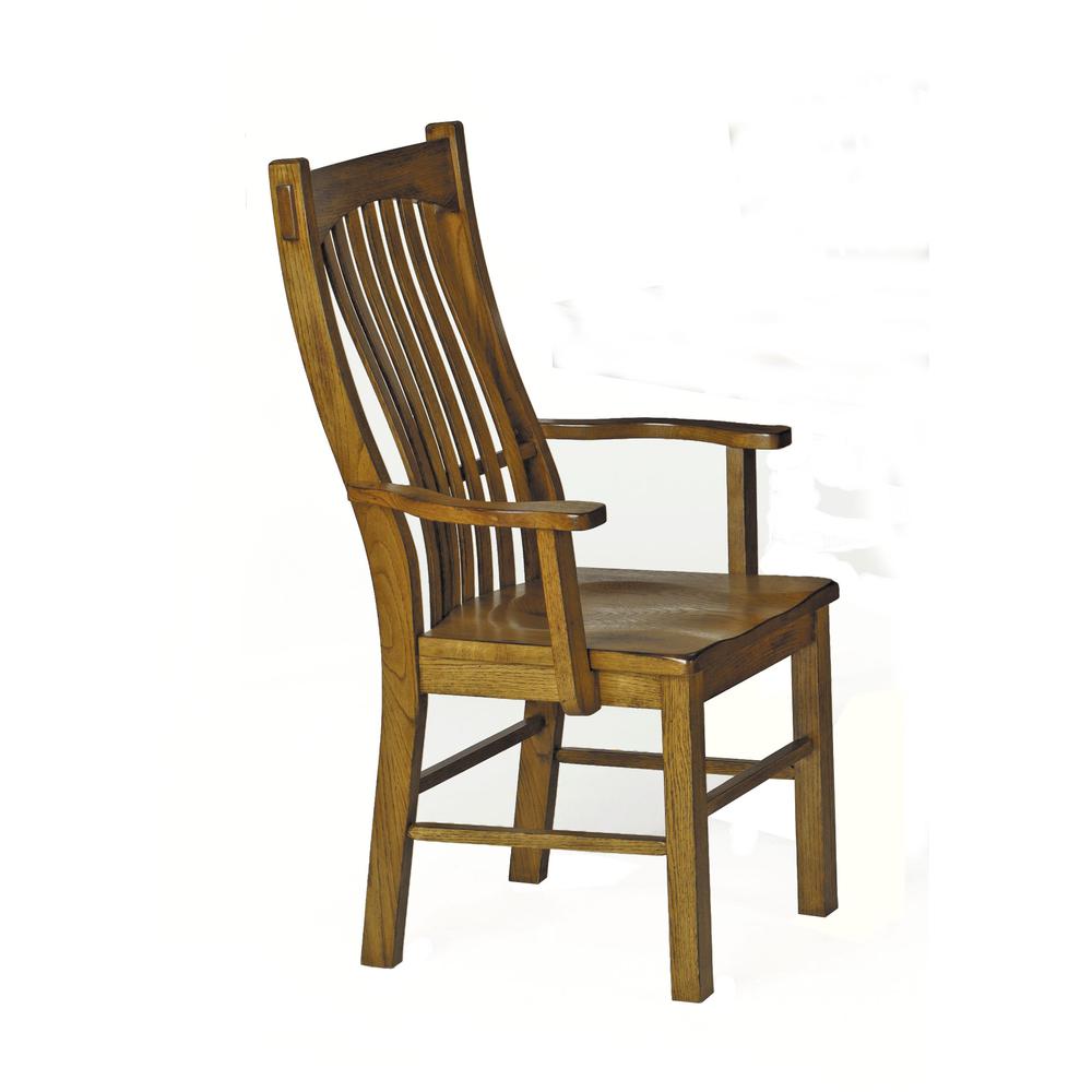 Laurelhurst Slatback Arm Chair, Contoured Solid Wood Seat, Rustic Oak Finish. Picture 1