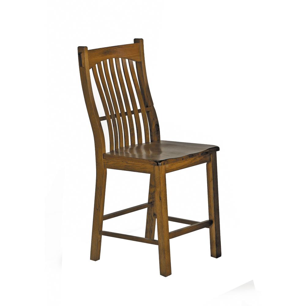 Laurelhurst Slatback Counter Chair, Contoured Solid Wood Seat, Rustic Oak Finish. Picture 1