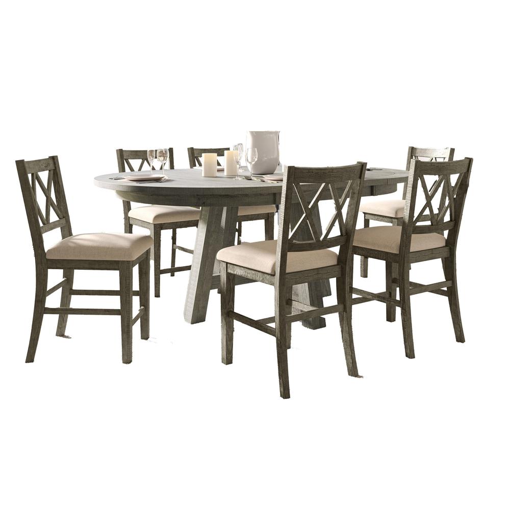 Farmhouse Seven Piece Counter Height Dining Table Set with Cross Back Stools. Picture 1